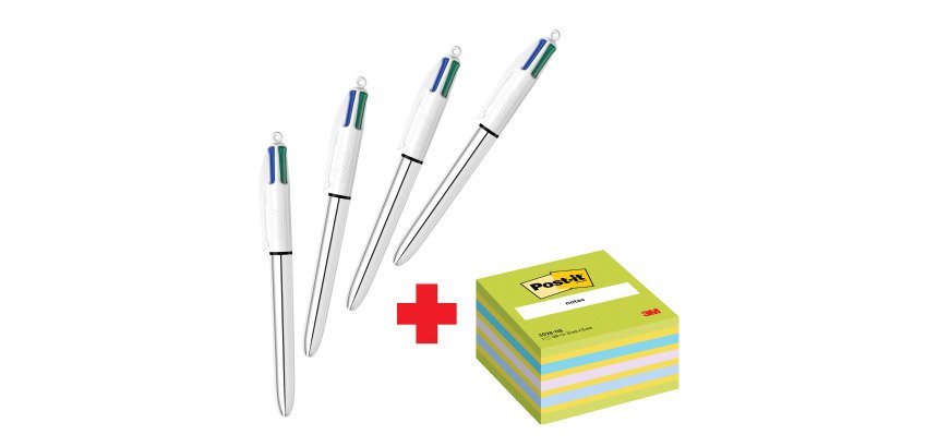 Confezione speciale 4 Penne 4 colori Shine Silver Bic e 1 cubo 76x76 mm Blu Verde Neon Post it