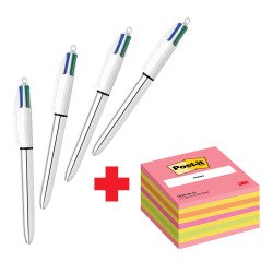Confezione speciale 4 Penne 4 colori Shine Silver Bic e 1 cubo 76x76 mm Rosa Neon Post it