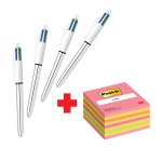 Confezione speciale 4 Penne 4 colori Shine Silver Bic e 1 cubo 76x76 mm Rosa Neon Post it