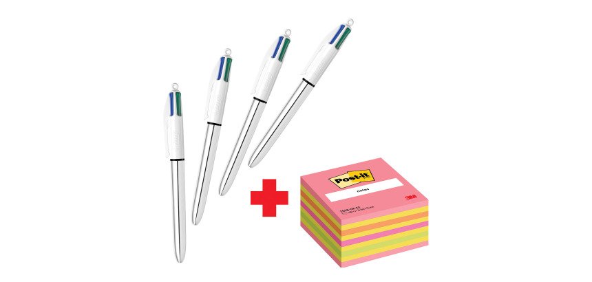 Confezione speciale 4 Penne 4 colori Shine Silver Bic e 1 cubo 76x76 mm Rosa Neon Post it