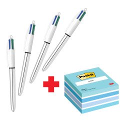 Confezione speciale 4 Penne 4 colori Shine Silver Bic e 1 cubo 76x76 mm Blu Pastel Post it
