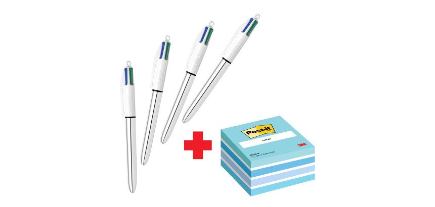 Confezione speciale 4 Penne 4 colori Shine Silver Bic e 1 cubo 76x76 mm Blu Pastel Post it
