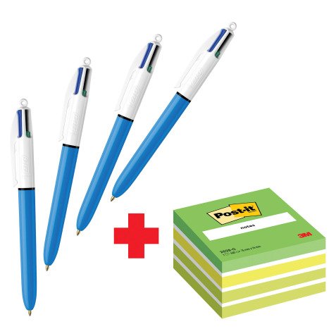 Confezione speciale 4 Penne 4 colori Original Bic e 1 cubo 76x76 mm Verde Pastel Post it