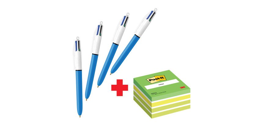 Confezione speciale 4 Penne BIC 4 colori Original e 1 cubo 76x76 mm Verde Pastel Post it