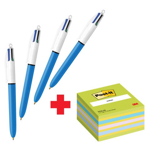 Confezione speciale 4 Penne 4 colori Original Bic e 1 cubo 76x76 mm Blu Verde Neon Post it