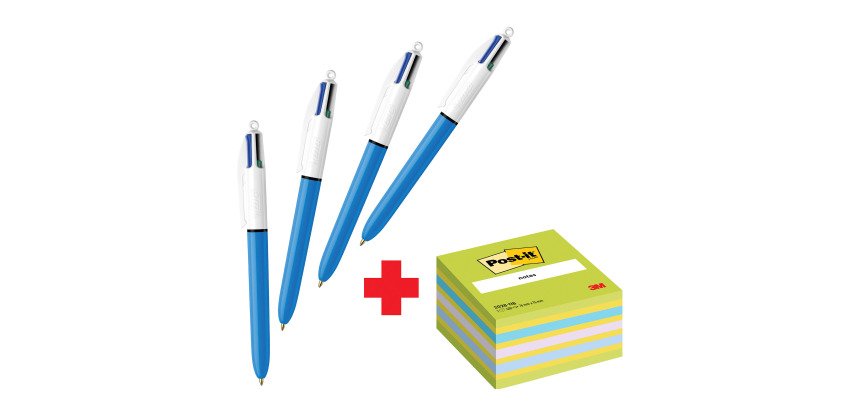 Confezione speciale 4 Penne 4 colori Original Bic e 1 cubo 76x76 mm Blu Verde Neon Post it