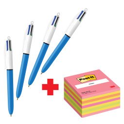 Confezione speciale 4 Penne 4 colori Original Bic e 1 cubo 76x76 mm Rosa Neon Post it