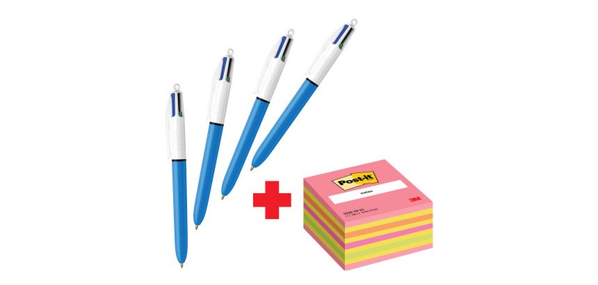 Confezione speciale 4 Penne 4 colori Original Bic e 1 cubo 76x76 mm Rosa Neon Post it