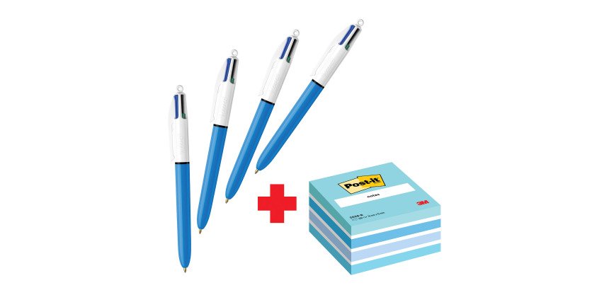 Confezione speciale 4 Penne 4 colori Original Bic e 1 cubo 76x76 mm Blu Pastel Post it