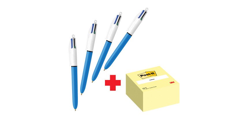 Confezione speciale 4 Penne 4 colori Original Bic e 1 cubo 76x76 mm Giallo Post it