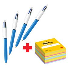 Confezione speciale 4 Penne 4 colori Original Bic e 1 cubo 76x76 mm Ultra Neon Post it