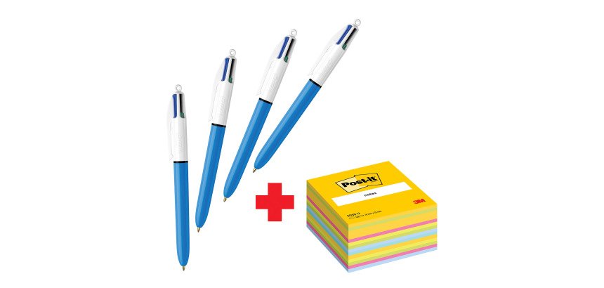 Confezione speciale 4 Penne 4 colori Original Bic e 1 cubo 76x76 mm Ultra Neon Post it