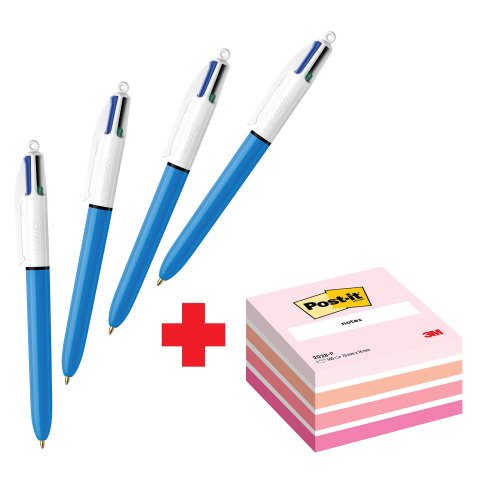 Confezione speciale 4 Penne 4 colori Original Bic e 1 cubo 76x76 mm Rosa Pastel Post it