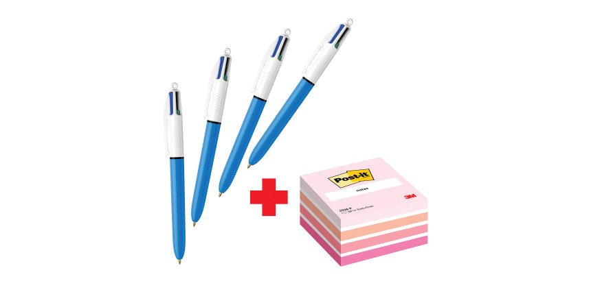 Confezione speciale 4 Penne 4 colori Original Bic e 1 cubo 76x76 mm Rosa Pastel Post it