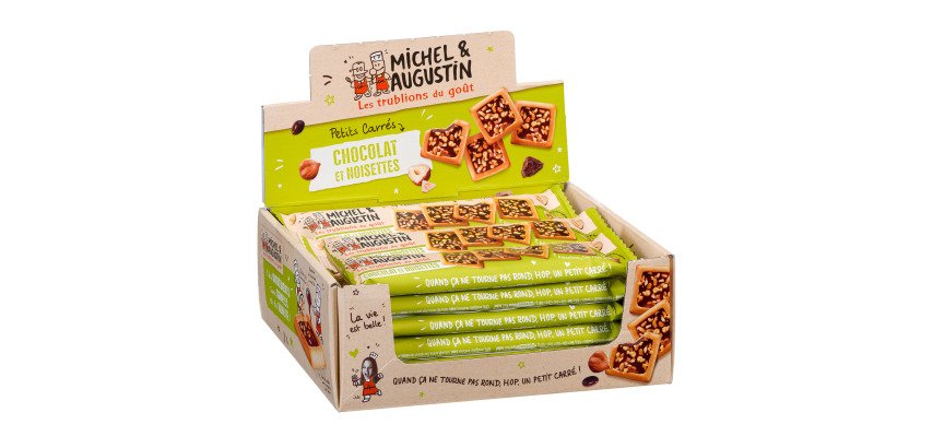 Reep van 4 kleine vierkantjes om te knabbelen chocolade en stukjes hazelnoot Michel en Augustin - Displaydoos van 18