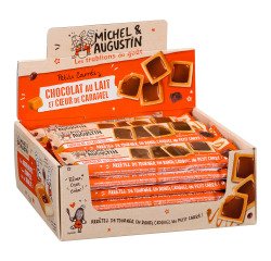 Reep van 4 kleine koekjes melkchocolade en karamelblokjes om van te genieten - Verpakkingsdoos met 18 stuks Michel en Augustin
