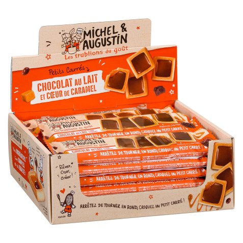 Reep van 4 kleine koekjes melkchocolade en karamelblokjes om van te genieten - Verpakkingsdoos met 18 stuks Michel en Augustin