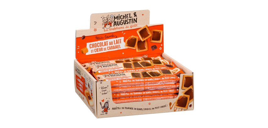 Reep van 4 kleine koekjes melkchocolade en karamelblokjes om van te genieten - Verpakkingsdoos met 18 stuks Michel en Augustin