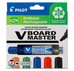 Marqueur effaçable rechargeable Pilot V-Board Master Begreen pointe biseautée 6 mm - Pochette de 5 couleurs assorties