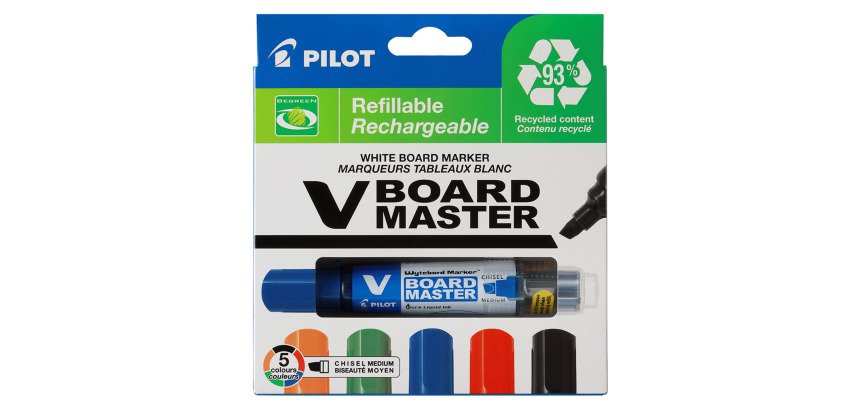 Marqueur effaçable rechargeable Pilot V-Board Master Begreen pointe biseautée 6 mm - Pochette de 5 couleurs assorties