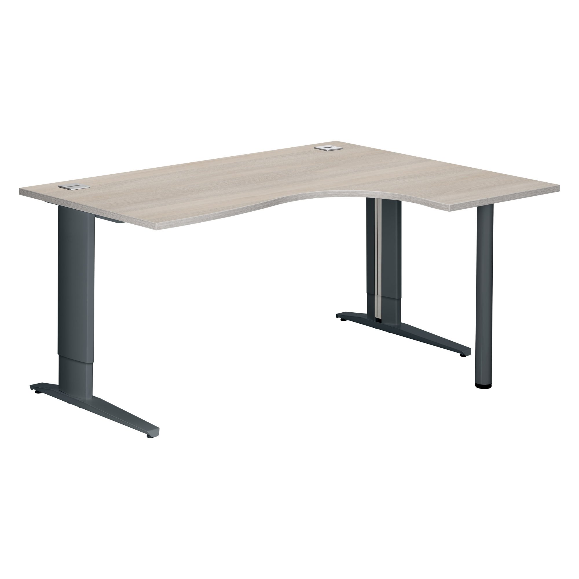 Bureau compact chêne gris L 160 cm retour à droite piètement L réglable métal Plus Essens