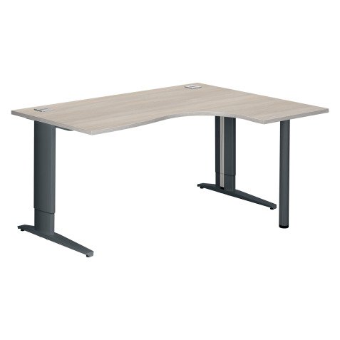 Bureau compact chêne gris L 160 cm retour à droite piètement L réglable métal Plus Essens