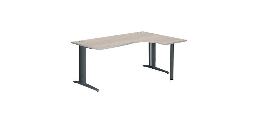 Bureau compact chêne gris L 180 cm retour à droite piètement L réglable métal Plus Essens