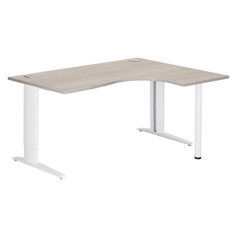 Bureau compact chêne gris L 160 cm retour à droite piètement L réglable métal Plus Essens