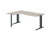 Bureau compact chêne gris L 180 cm retour à gauche piètement L réglable métal Plus Essens