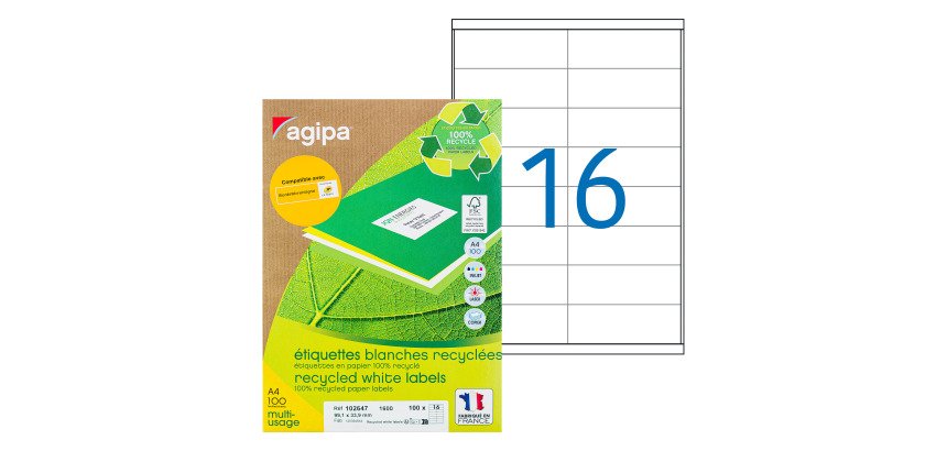 Etiquette adresse jet d'encre et laser recyclée 99,1 x 33,9 mm Agipa 102647 blanche - Boîte de 1600