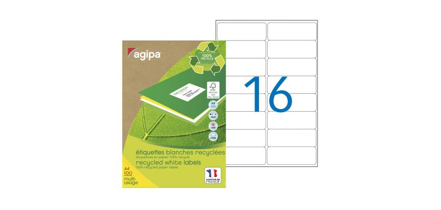 Etiquette adresse jet d'encre et laser recyclée 99,1 x 33,9 mm Agipa 102647 blanche - Boîte de 1600