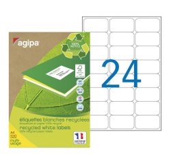 Etiquette adresse jet d'encre et laser recyclée 63,5 x 33,9 mm Agipa 102645 blanche - Boîte de 2400