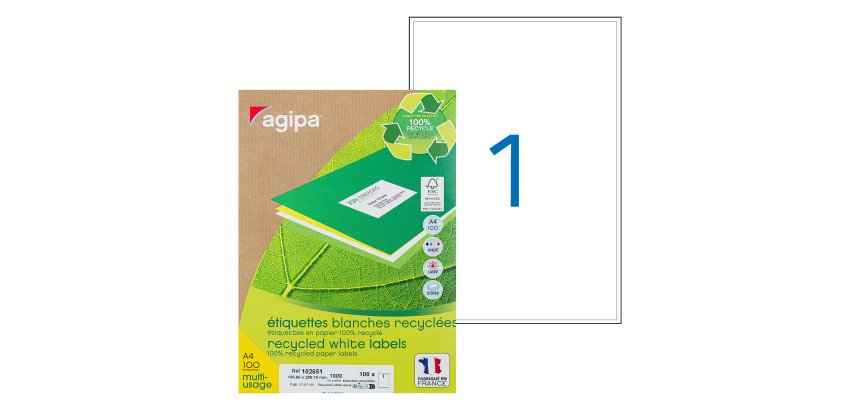 Address labels inkjet and laser recycled 199.6 x 289.1 mm Agipa 102651 white - Box of 100