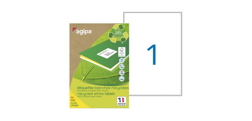 Etiketten für Tintenstrahl- und Laserdrucker auf Recyclingpapier 199,6 x 289,1 mm Agipa 102651 weiß - Packung mit 100 Stück