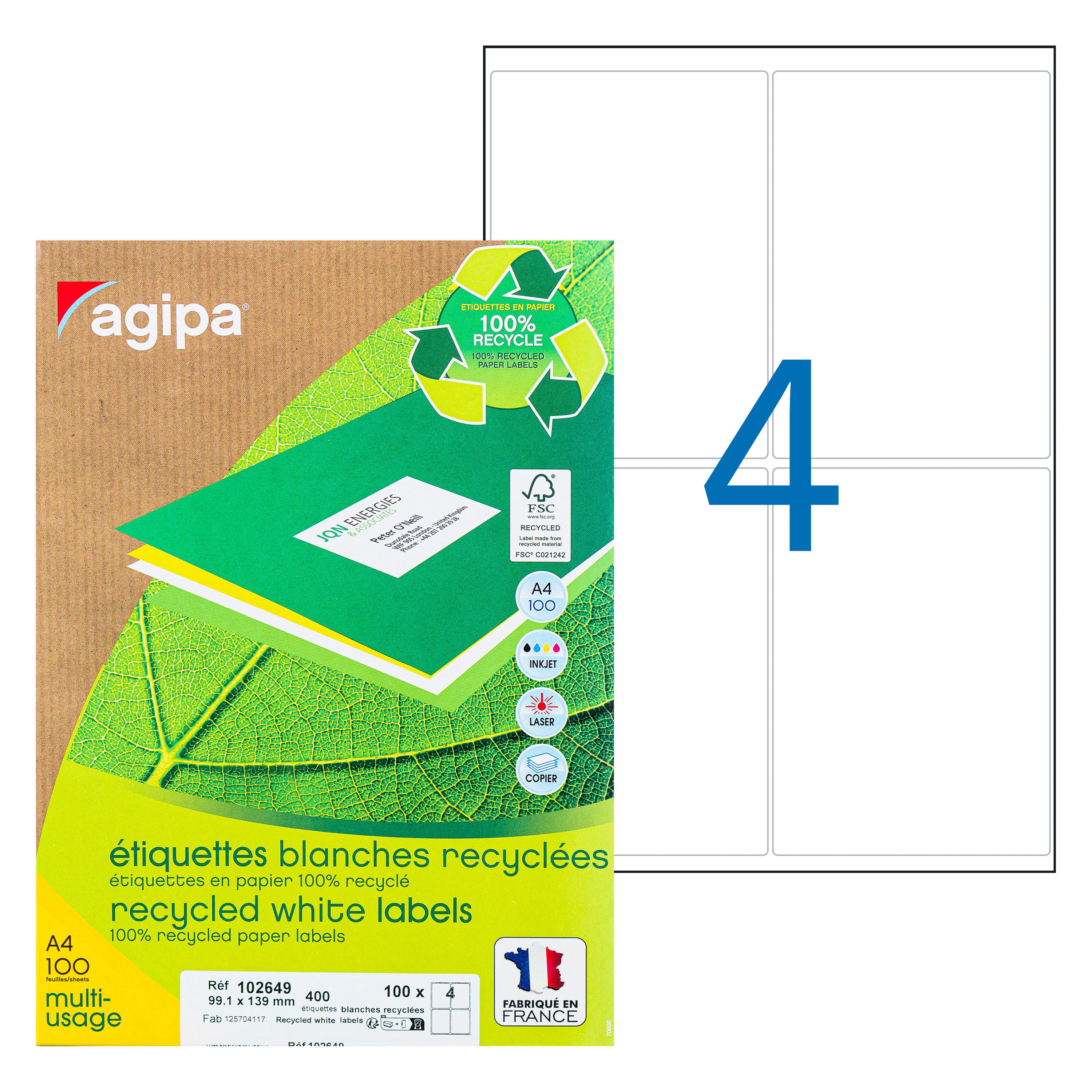 Étiquettes Adhésives Blanches A4 - 70x25mm - Pour Laser Et Jet D'encre - Opacité Maxi - Fabriqué En France