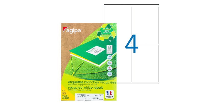 Etiquette adresse jet d'encre et laser recyclée 99,1 x 139 mm Agipa 102649 blanche - Boîte de 400