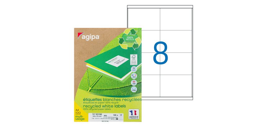 Etiquette adresse jet d'encre et laser recyclée 105 x 70 mm Agipa 101192 blanche - Boîte de 800