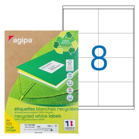 Etiquette adresse jet d'encre et laser recyclée 105 x 70 mm Agipa 101192 blanche - Boîte de 800