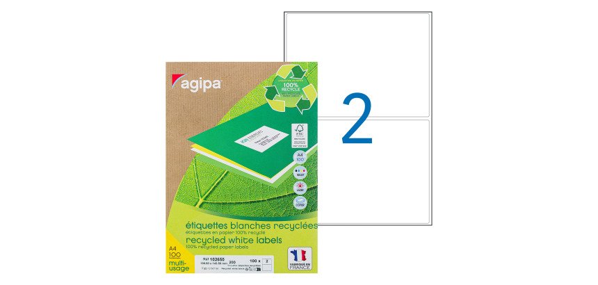 Etiquette adresse jet d'encre et laser recyclée 199,6 x 143,5 mm Agipa 102650 blanche - Boîte de 200