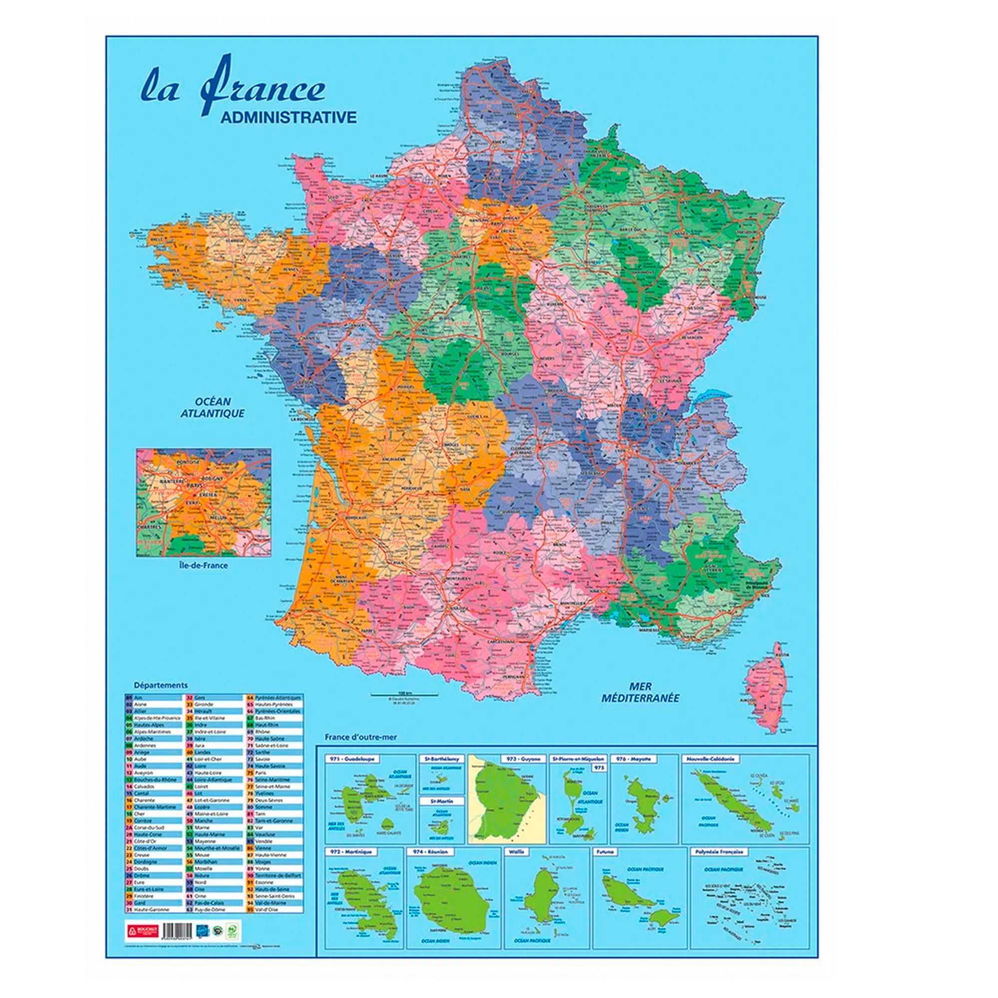 Carte France Administrative, Routière et Dom-Tom murale- pelliculée 66x84,5cm - 4 œillets pour susp.