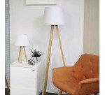 Lampadaire trépied en bambou Unilux avec abat jours en tissu tooka bambou et blanc