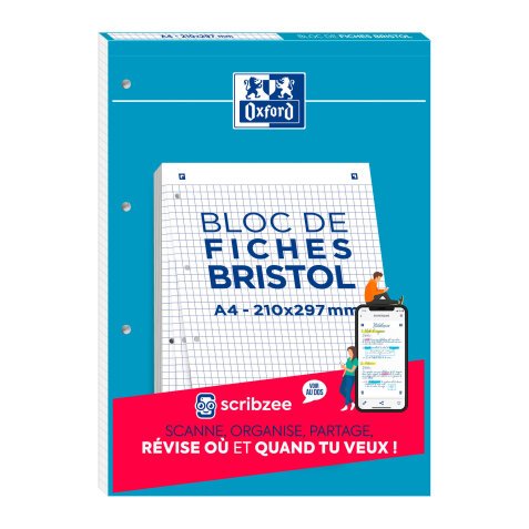 Bloc de Fiches Bristol A4 Perforées Petits Carreaux 5mm 30 fiches collées blanches