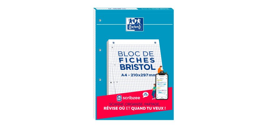 Fiche bristol 297 x 210 mm quadrillée 5 x 5 blanche perforée Oxford- Bloc de 30 fiches collées