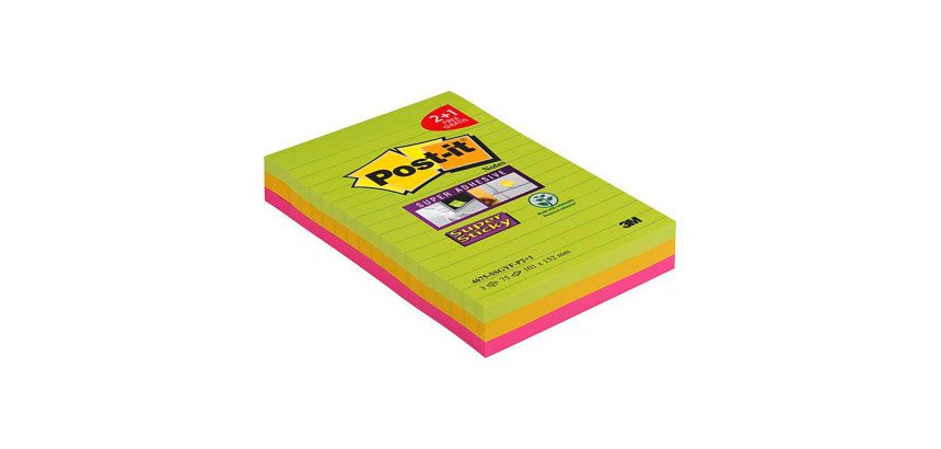 Pack 2 notas reposicionables colores surtidos rayadas Super Sticky - bloc de 75 hojas + 1 gratis