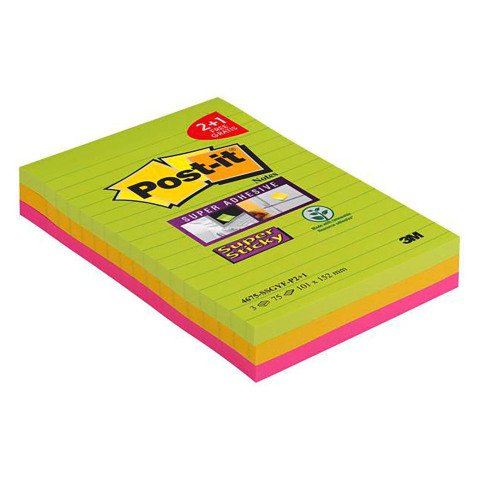 Pack 2 notas reposicionables colores surtidos rayadas Super Sticky - bloc de 75 hojas + 1 gratis