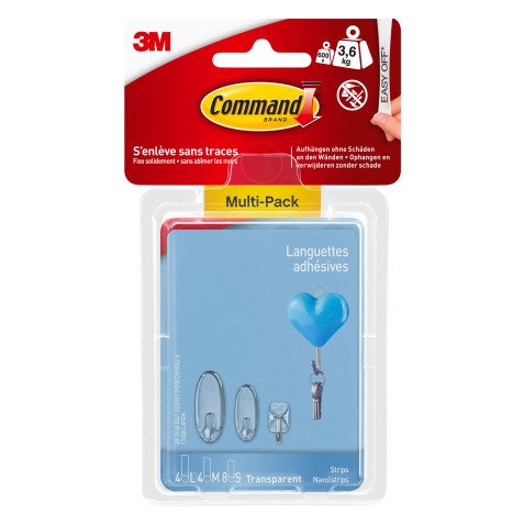 Languettes adhésives transparentes Command 3M taille S, M, L - Blister de 16