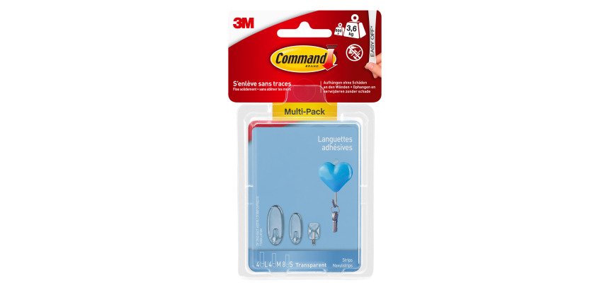 Languettes adhésives transparentes Command 3M taille S, M, L - Blister de 16