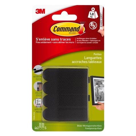 Languettes adhésives noires Command 3M taille S jusqu'à 1,8 kg - Blister de 4 x 2