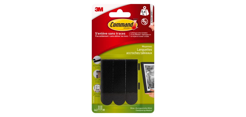 Languettes adhésives noires Command 3M taille M jusqu'à 5,4 kg - Blister de 4 x 2
