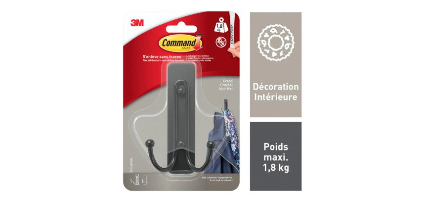 Crochet adhésif double noir mat Command 3M jusqu'à 1,8 kg